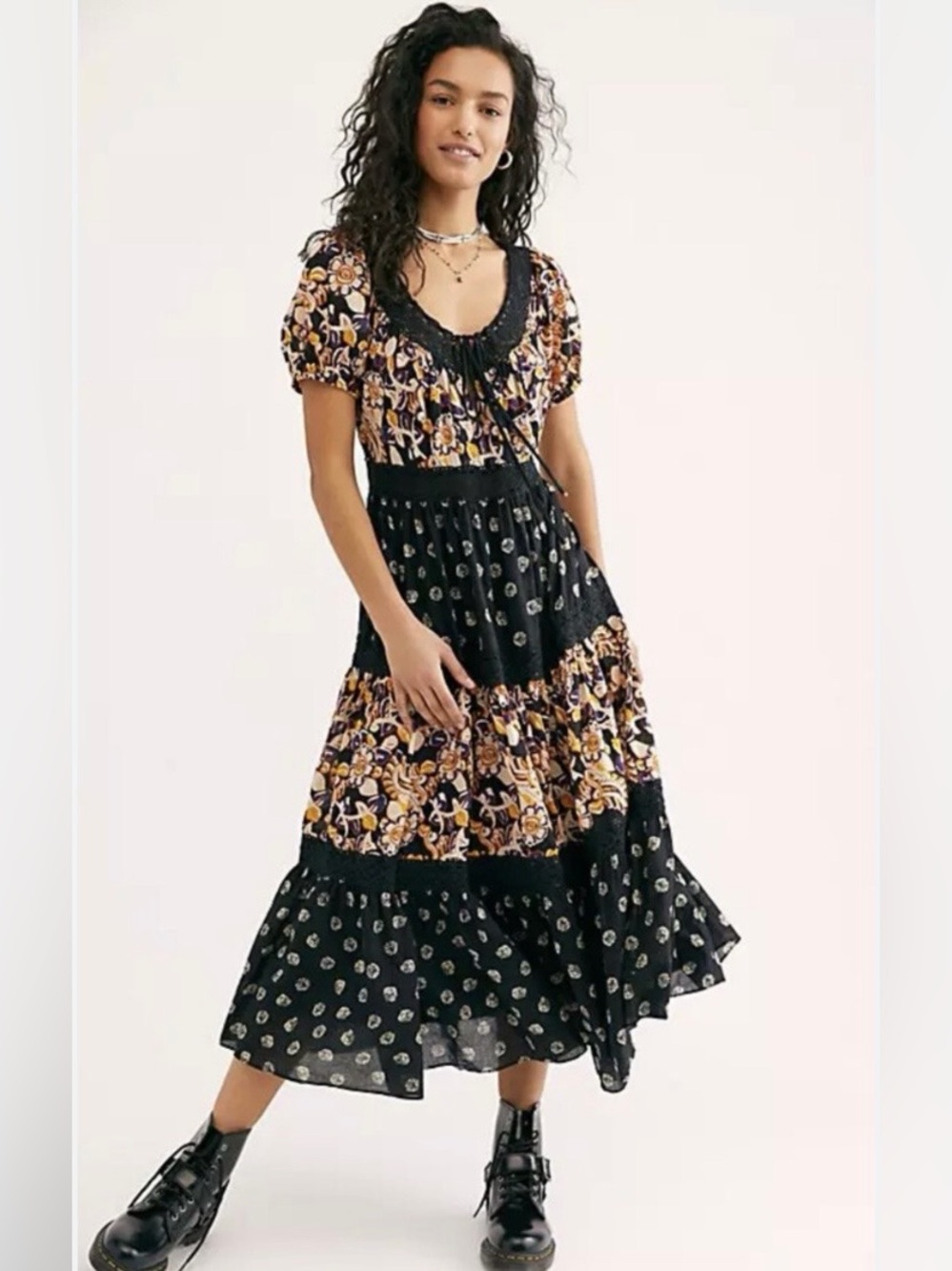 Free People Sun Chaser Midi Dress Boho Patchwork Tiered Dress size XS